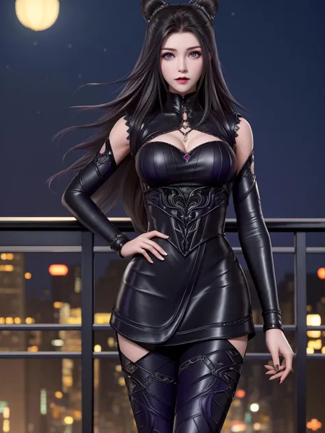 DLDLzhuzhuqing, 1girl, solo, black hair, long hair, purple eyes, thigh boots, black dress, looking at viewer, detached sleeves, jewelry, cone hair bun,mature female, cityscape, night, <lora:DLDLzhuzhuqingX:0.75>,cowboy shot, hand on hip,