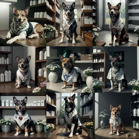 dog,(masterpiece), extremely intricate, (realistic), nature, flowers, sharp focus, dramatic, award winning, cinematic lighting, octane render, unreal engine, volumetrics dtx, dog as a doctor wearing doctor's white coat lying in a shelf of a pharmacy, ((full body)),looking at viewer, (Increase skin texture beauty:1.1)<lyco:GoodHands-beta2:1>