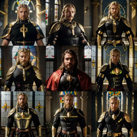 upper body of man , paladin muscle man Soldier in ornate golden armor, __beard_style__, black collar, pauldrons, male breastplate, corset, glowing halo, single braid, blonde, yellow glowing eyes, bright pupils, eye focus, red cape, temple indoors, stained glass windows, night, moonlight, particles, light beam, chromatic aberration