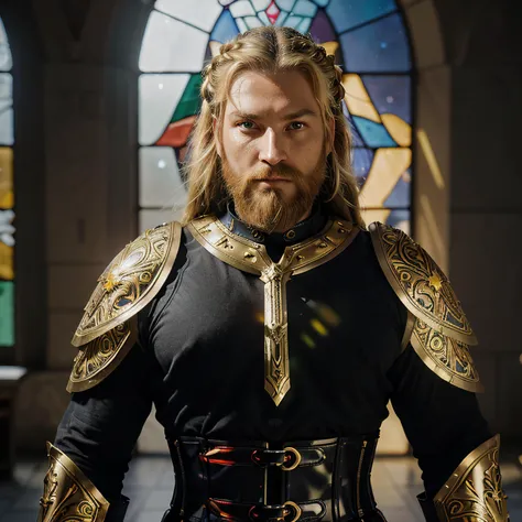 upper body of man , paladin muscle man Soldier in ornate golden armor, Beard style, black collar, pauldrons, male breastplate, corset, glowing halo, single braid, blonde, yellow glowing eyes, bright pupils, eye focus, red cape, temple indoors, stained glass windows, night, moonlight, particles, light beam, chromatic aberration