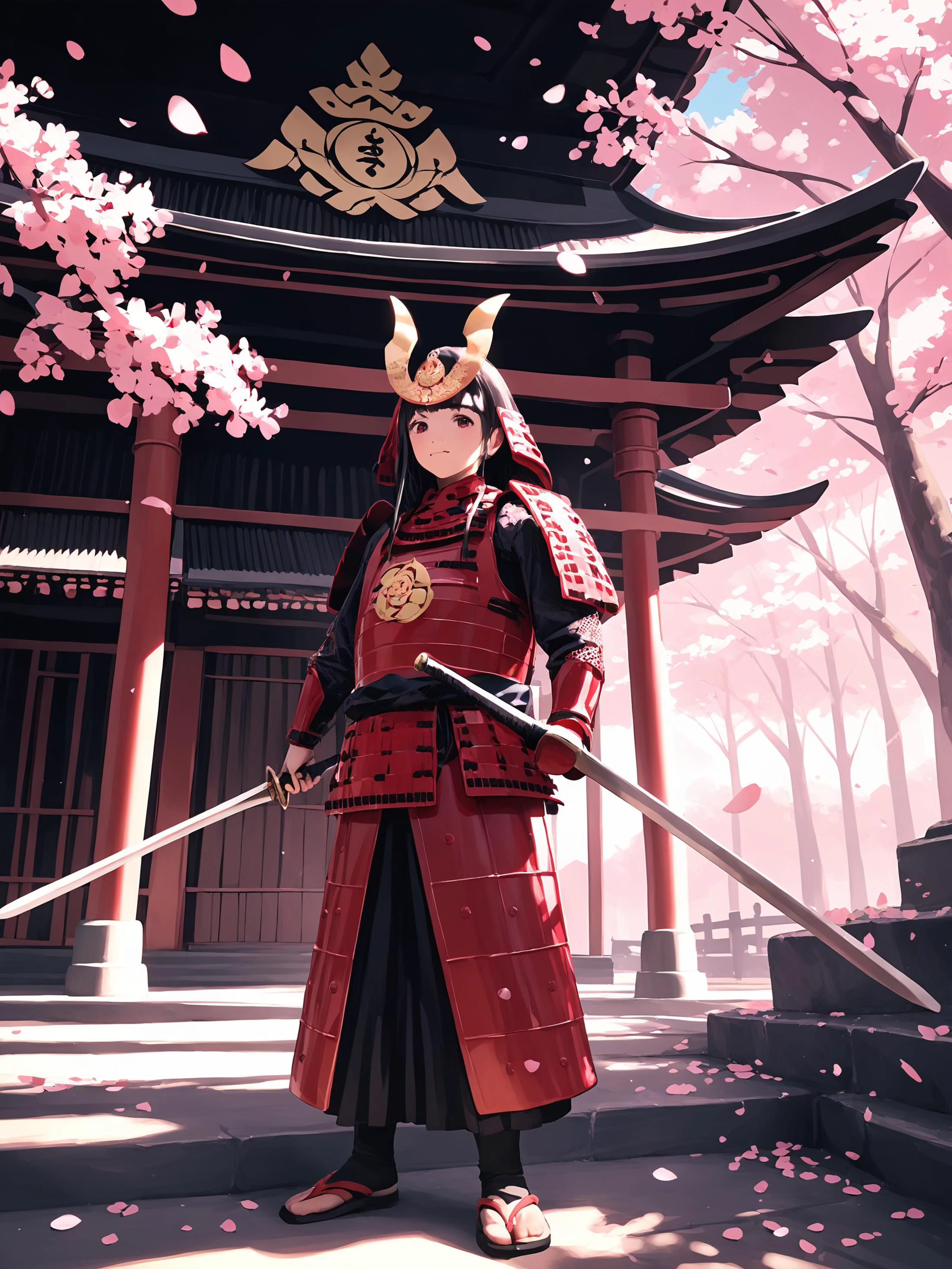 score_9, score_8_up, score_7_up,score_6_up,
outdoor, sharp focus, dark theme, direct and engaging gaze,
high-resolution image capturing fine details, soft shadow, direct and engaging gaze,
cherry blossom, Japan temple background,
1girl, cute face, cozy face, detailed face,
long sliver hair, holding a large ornate sword, full body, action to viewer, solo, extreme detailed ornate gold armor,
<lora:hinaSamuraiArmorPony_rev1:0.8>