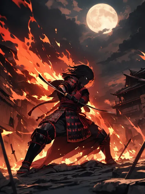 best quality, masterpieces,
1girl, clean face, stare eyes, no mask, samurai armor,
Action-packed digital illustration of a female samurai executing an iaijutsu move, crouched low on a rocky terrain, dramatic sky, impending storm, detailed, textured kimono and armor, dynamic composition, sharp focus, vibrant color scheme, epic feel,
midnight, dark sky, moon, background on fire, dark theme, standing in front of devastated houses, ruins background, 
heavy shadow, soft focus, soft lighting, subsurface scattering,
<lora:hina_samurai_armor_sdxl_rank32:0.6>