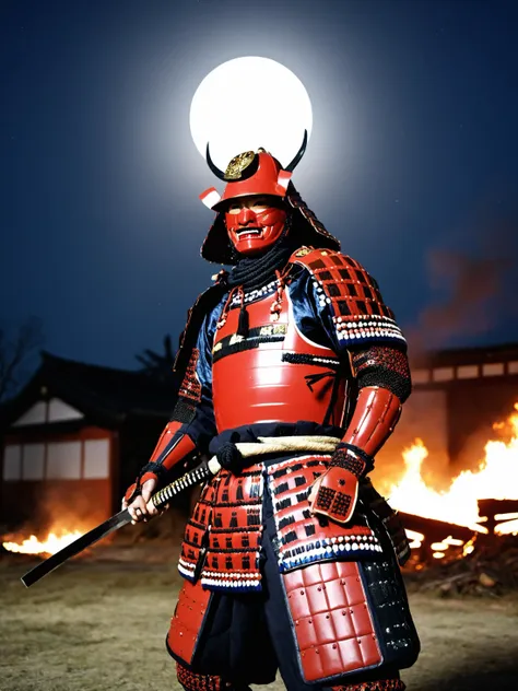 best quality, masterpieces,
a man in samurai armor preparing to draw his sword and standing in front of devastated houses which on fire, ruins background,
midnight, dark sky, moon, dark theme, 
heavy shadow, film photography, soft focus, soft lighting, subsurface scattering, realistic,
red samurai, black samurai helmet, symbol on helmet,
<lora:hina_samurai_armor_sdxl_rank32:0.6>