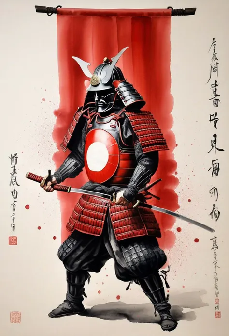 illustration, ink painting, ink wash painting, sharp lines, best quality, highly detailed, detailed, side view, full body shot, samurai warrior, SAMURAI , helmet, SAMURAI ARMOR,18th century, center alignment, katana sword, Scattered leaves, red particles, japan flag background, OverallDetailXL