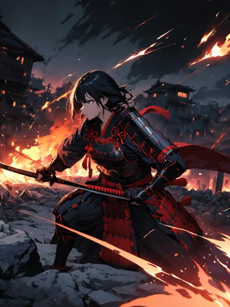 best quality, masterpieces,
1girl, clean face, stare eyes, no mask, samurai armor,
Action-packed digital illustration of a female samurai executing an iaijutsu move, crouched low on a rocky terrain, dramatic sky, impending storm, detailed, textured kimono and armor, dynamic composition, sharp focus, vibrant color scheme, epic feel,
midnight, dark sky, moon, background on fire, dark theme, standing in front of devastated houses, ruins background, 
heavy shadow, soft focus, soft lighting, subsurface scattering,
<lora:hina_samurai_armor_sdxl_rank32:0.6>