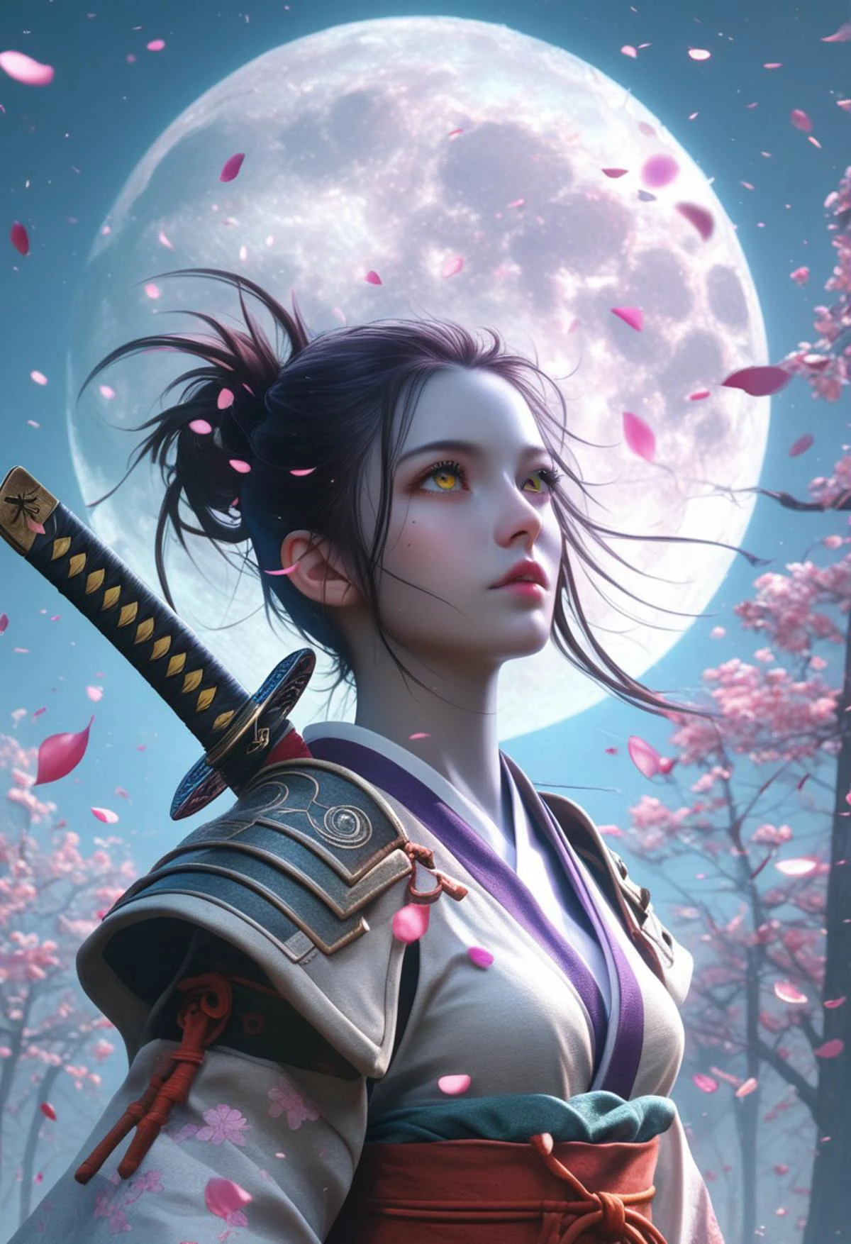 score_9, score_8_up, score_8_up, female, hight quality, best art, detailed , good quality, rendered details. Adorable. Hight resolution. perfect. Full body view, Slim figure, estetic, Erotic Girl in samurai armour, ((grey skin, look up on moon, cry)), ((hairs purple)), ((she hold katana, detailed katana)), girl has cute mole, yellow eyes, (mystery sign on face), ((around burning sakura trees, midnight))