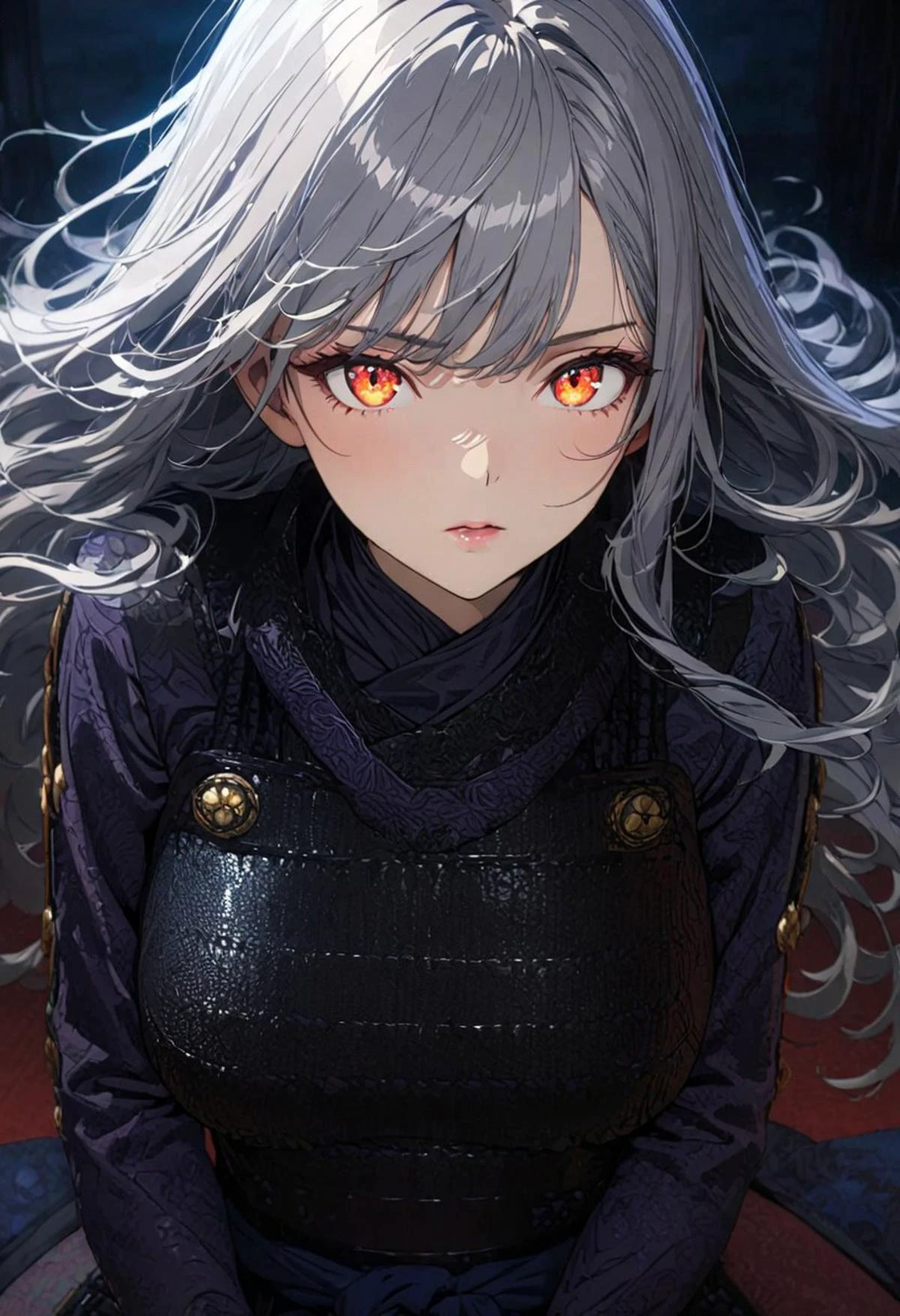 masterpiece, best quality, ultra-detailed, anime, masterpiece, intricate, best quality, 4k, (high detail:1.2), (incredibly detailed:1.4), vivid colors,
very aesthetic, illustration, perfect composition, cinematic, intricate details, absurdres, detailed face, detailed skin, perfect skin, perfecteyes,
1 woman, solo, (large breasts: 1.3), (atletic body:0.9),
Samurai armor, seiza posture, grey hair, long hair, orange eyes, glowing eyes, black leotard, full body photo,
mood lighting, cinematic lighting, volumetric lighting, night, nighttime,
Front view,