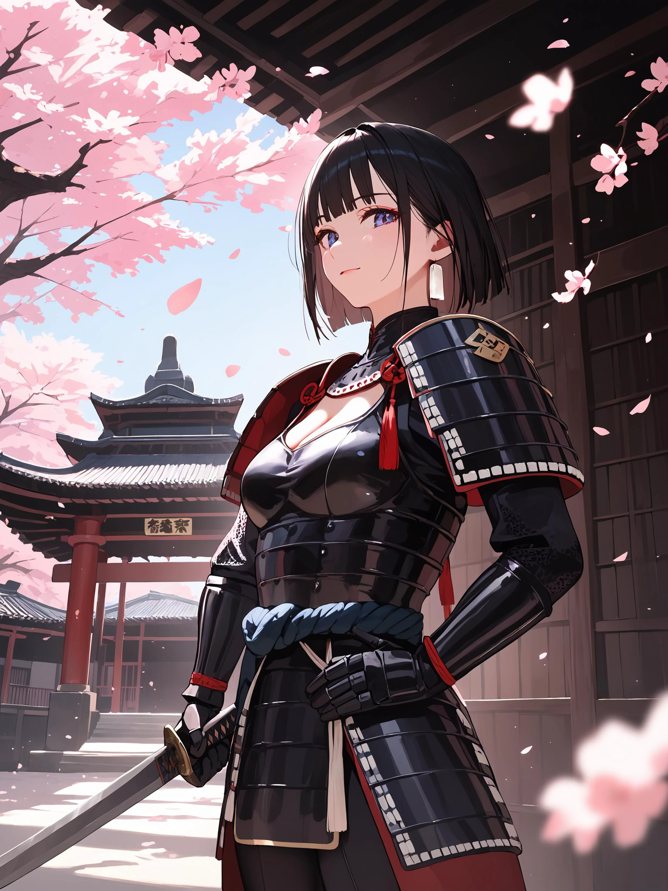 score_9, score_8_up, score_7_up,score_6_up,
holding sliver sword,
outdoor, sharp focus, dark theme, direct and engaging gaze,
high-resolution image capturing fine details, soft shadow, direct and engaging gaze,
cherry blossom, Japan temple background,
(in the dark, deep shadow, low key, cold light),
exquisite and clear,
1girl, solo, cleavage, breasts, gauntlets, shoulder armor,
looking at viewer, standing, bodysuit,
medium breasts,
beautiful face, earrings
samurai armor,
<lora:hinaSamuraiArmorPony_rev1:0.7>