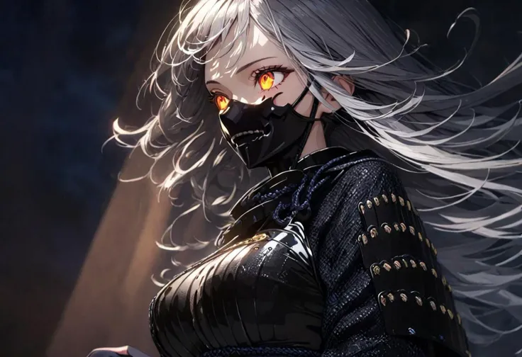 masterpiece, best quality, ultra-detailed, anime, masterpiece, intricate, best quality, 4k, (high detail:1.2), (incredibly detailed:1.4), vivid colors,
very aesthetic, illustration, perfect composition, cinematic, intricate details, absurdres, detailed face, detailed skin, perfect skin, perfecteyes,
1 woman, solo, (large breasts: 1.3), (atletic body:0.9),
Samurai armor, seiza posture, without mask, grey hair, long hair, orange eyes, glowing eyes, black leotard, full body photo,
mood lighting, cinematic lighting, volumetric lighting, night, nighttime,
Front view,