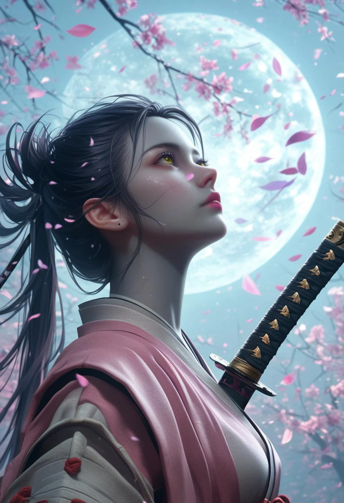 score_9, score_8_up, score_8_up, female, hight quality, best art, detailed , good quality, rendered details. Adorable. Hight resolution. perfect. Full body view, Slim figure, estetic, Erotic Girl in samurai armour, ((grey skin, look up on moon, cry)), ((hairs purple)), ((she hold katana, detailed katana)), girl has cute mole, yellow eyes, (mystery sign on face), ((around burning sakura trees, midnight))