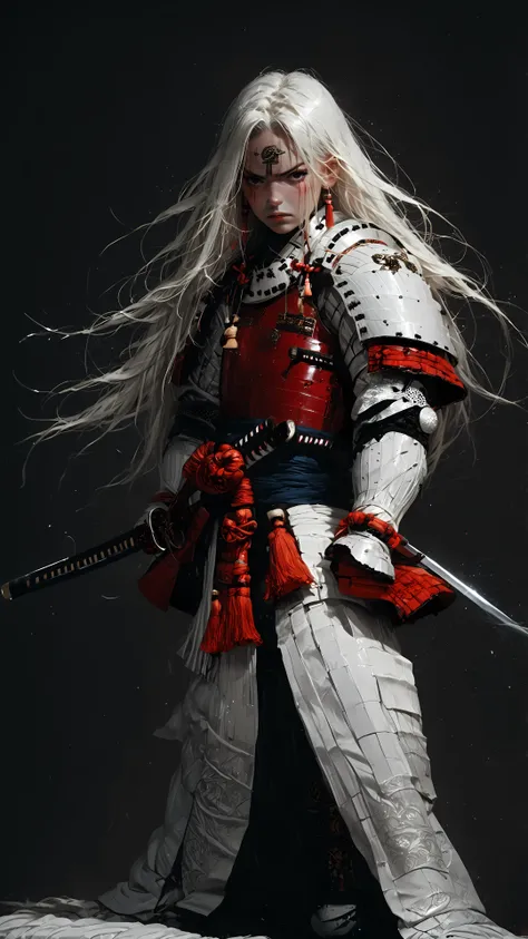 core_9, score_8_up, score_7_up, rating_safe, 
1boy, male, samurai armor, white armor, crane cygil, flat chest, girly face, androgynous, white hair hair, long hair, strait hair, black eyes, katana, disgusted face,full body
<lora:Expressive_H:1> <lora:Fant5yP0ny:1> <lora:Vixons Pomy Styles Gothic Neon:.45> <lora:HKStyle_V3:1>  <lora:Flash_Glowing_Runes_SDXL:1>  <lora:disgusted_face_xl_goofy:1> <lora:hinaSamuraiArmorPony_rev1:1>