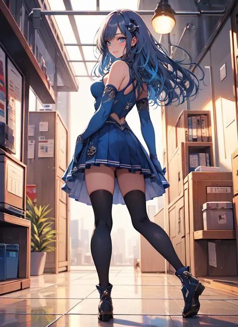 ((best quality)), ((highly detailed)), masterpiece, absurdres, detailed face, beautiful face, (detailed eyes, deep eyes), (1girl), from behind, looking back, dynamic pose, full body, <lora:iechan:1>, iechan, long hair, blue hair, hair ornament, hairpin, blue eyes, large breasts, smile, bare shoulders, blue dress, collarbone, white gloves, elbow gloves, white thighhighs, pleated skirt, leotard, (indoors, at a living room), <lora:NijiStyle_Dusk:1>, Niji Style