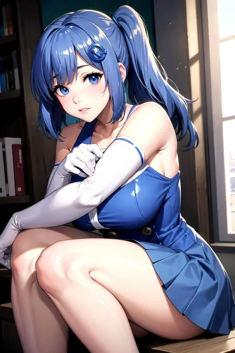 <lora:iechan:1>,iechan,long hair,blue hair,hair ornament,hairpin,large ,bare shoulders,blue eyes,blue dress,white gloves,elbow gloves,side ponytail,buttons on shirt,pleated skirt,hugging own legs,