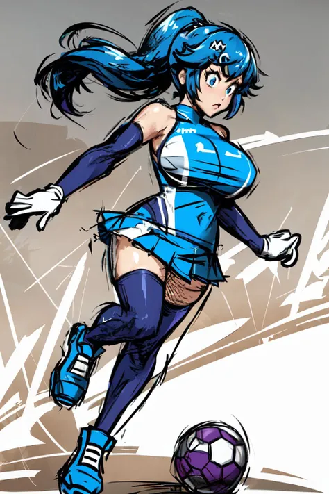 Highly detailed, High Quality, Masterpiece, beautiful, iechan, long hair, blue hair, hair ornament, hairpin, large breasts, bare shoulders, blue eyes, white gloves, elbow gloves, side ponytail, white thighhighs, blue dress, pleated skirt, leotard, <lora:Char_Meme_InternetExplorer:0.8>, Mario Striker Style, angry, <lora:Style_MarioStriker:0.9>