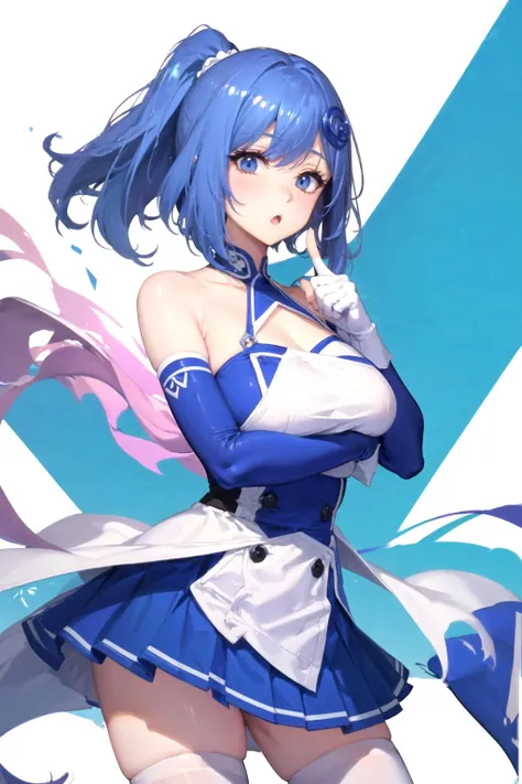 <lora:iechan:1>,iechan,long blue hair,hair ornament,large breasts,bare shoulders,white elbow gloves.collarbone,side ponytail,white thighhighs,blue dress,pleated skirt,waving arm,simple background,:o,(finger to cheek:1.3),