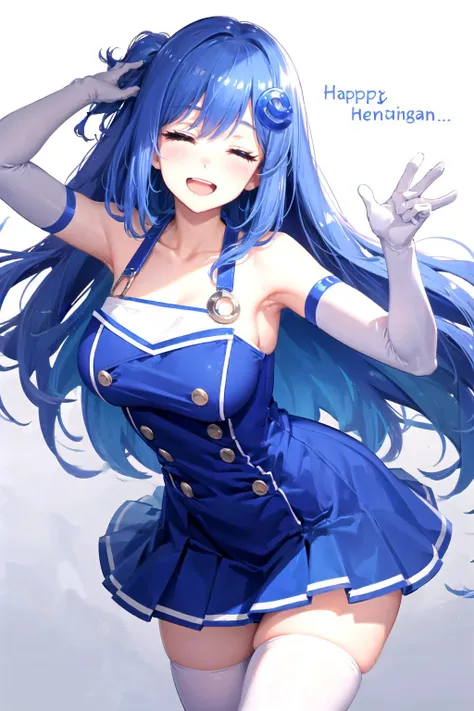 <lora:iechan:1>,iechan,long blue hair,hair ornament,large breasts,bare shoulders,white elbow gloves.collarbone,side ponytail,white thighhighs,blue dress,pleated skirt,waving arm,simple background,eyes closed,happy,open mouth,