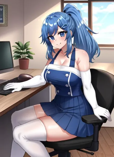 ((best quality)), ((highly detailed)), masterpiece, (detailed eyes, deep eyes), (1girl), full body, <lora:iechan:1>, iechan, long hair, blue hair, side ponytail, hair ornament, hairpin, blue eyes, large breasts, smile, bare shoulders, blue dress, collarbone, white gloves, elbow gloves, white thighhighs, pleated skirt, leotard, inside, in an office, desk, computer, keyboard, sitting on desk, office chair, <lora:Osiimi:.8>