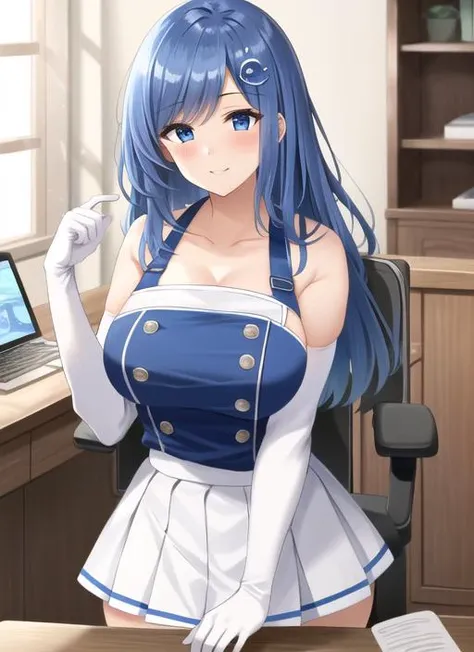 ((best quality)), ((highly detailed)), masterpiece, (detailed eyes, deep eyes), (1girl), upper body, <lora:iechan:1>, iechan, long hair, blue hair, hair ornament, hairpin, blue eyes, large breasts, smile, bare shoulders, blue dress, collarbone, white gloves, elbow gloves, white thighhighs, pleated skirt, leotard, inside, in an office, desk, computer, keyboard, standing, office chair