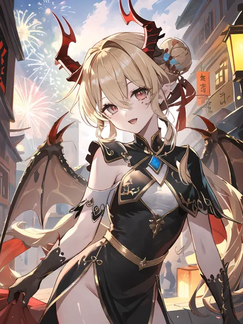 masterpiece,best quality,highres,cinematic lighting,dramatic angle,1boy,<lora:ShadowverseLumioreV6:0.8:lbw=jiangshi3>,blonde hair,long hair,slit pupils, red eyes,horns,looking at viewer,gloves,scales,spikes,jewelry,single wing,wing,red china dress,capelet,streetscape,lamp,new year,festival,hair bun,braided,side ponytail,portrait,:d,cowboy shot,tail,fireworks,head tilt,shanghai city