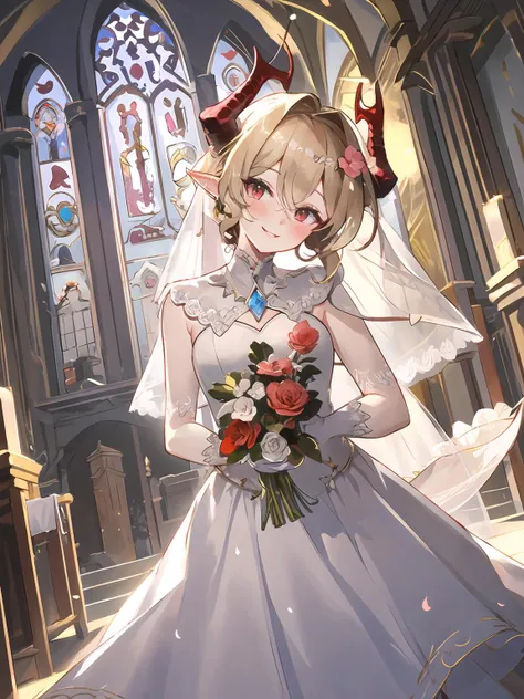 masterpiece,best quality,highres,cinematic lighting,dramatic angle,1boy,<lora:ShadowverseLumioreV6:0.8:lbw=jiangshi3>,blonde hair,long hair,slit pupils, red eyes,horns,looking at viewer,gloves,scales,spikes,jewelry,single wing,wings,wedding dress,hair flower,veil,see-through,at the enter of church,hair bun,braided,side ponytail,portrait,cowboy shot,(tail:1.1),petal,pigeon,head tilt,blush,happy,both hands holding bunch of flower,smile