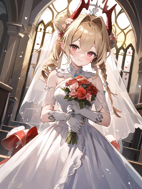 masterpiece,best quality,highres,cinematic lighting,dramatic angle,1boy,<lora:ShadowverseLumioreV6:0.8:lbw=jiangshi3>,blonde hair,long hair,slit pupils, red eyes,horns,looking at viewer,gloves,scales,spikes,jewelry,single wing,wings,wedding dress,hair flower,veil,see-through,at the enter of church,hair bun,braided,side ponytail,portrait,cowboy shot,(tail:1.1),petal,pigeon,head tilt,blush,happy,both hands holding bunch of flower,smile