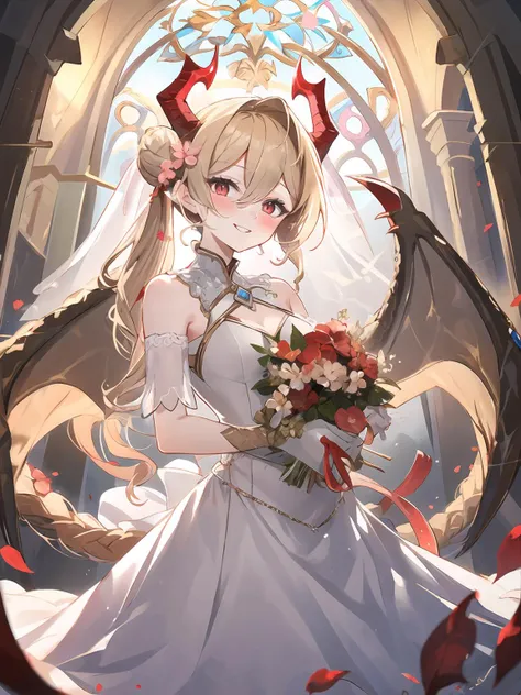 masterpiece,best quality,highres,cinematic lighting,dramatic angle,1boy,<lora:ShadowverseLumioreV6:0.8:lbw=jiangshi3>,blonde hair,long hair,slit pupils, red eyes,horns,looking at viewer,gloves,scales,spikes,jewelry,single wing,wings,wedding dress,hair flower,veil,see-through,at the enter of church,hair bun,braided,side ponytail,portrait,cowboy shot,(tail:1.1),petal,pigeon,head tilt,blush,happy,both hands holding bunch of flower,smile