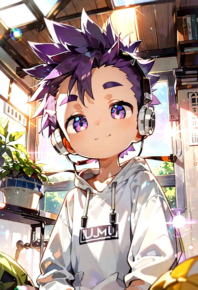 score_9, score_8_up, score_7_up, detailed eyes, source_cartoon, manga_source, BREAK
petite, young, solo, child, anime style,
<lora:cutifiedanimecharacterdesign_variant_type_H_PonyXL_v10:0.85>
type-h, solo, looking at viewer, smile, short hair, long sleeves, 1boy, purple eyes, purple hair, male focus, indoors, hood, window, hoodie, headphones, from below, sunlight, thick eyebrows, spiked hair, child, lens flare, +_+, white hoodie