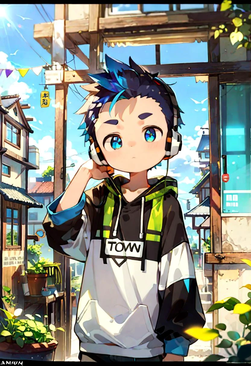 score_9, score_8_up, score_7_up, detailed eyes, source_cartoon, manga_source, BREAK
petite, young, solo, child, anime style,
<lora:cutifiedanimecharacterdesign_variant_type_H_PonyXL_v10:0.85>
type-h, solo, looking at viewer, short hair, blue eyes, brown hair, 1boy, blue hair, male focus, multicolored hair, hood, window, hoodie, headphones, letterboxed, male child, black hoodie, standing, town, outside
