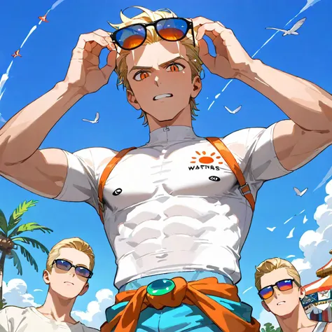 PonyScores7, source_anime, ah1, best quality, (masterpiece:1.4), (high quality:1.4), sharp focus, 4k, absurd resolution, <lora:albertwesker-guy-PONYv1:0.8> albertwesker, albert wesker, 1boy,  blonde, (sunglasses:1.3), looking at viewer, toned, athletic, fit, slicked back hair, mature male, short hair, (linen shirt), (Hands on either side of head, looking up), (Oasis Bazaar, Bustling marketplace with vibrant tents, merchants haggling over goods, exotic spices filling the air, colorful tapestries fluttering in the wind, street performers entertaining the crowds), bad-hands-5, (Tickled), <lora:xl_more_art-full_v1:0.2>, <lora:shinyskin2:0.2> glistening skin, <lora:aesthetic_anime_v1s:0.2>, <lora:Expressive_H:0.2> Expressiveh, <lora:hairdetailpxl:0.2> hairdetailpxl, <lora:detailxl:0.2> detailxl, (Low angle (from behind) view Close shot (focus on waist)), (focused, intense glare), slit pupils, short hair, (reddish orange eyes), best quality, amazing quality, best aesthetic, absurdres, <lora:expressive eyes:0.2> expressive eyes, <lora:eyedetailpxl:0.2> eyedetailpxl, illustration, Volumetric_Lighting, ultra-detailed, very aesthetic, intricate details, 8k, masterpiece, best_quality, (angular face, sharp_featured face), <lora:Eyes_High_Definition:0.4> EyesHD, <lora:Male_model_poses:0.6>, male model pose,