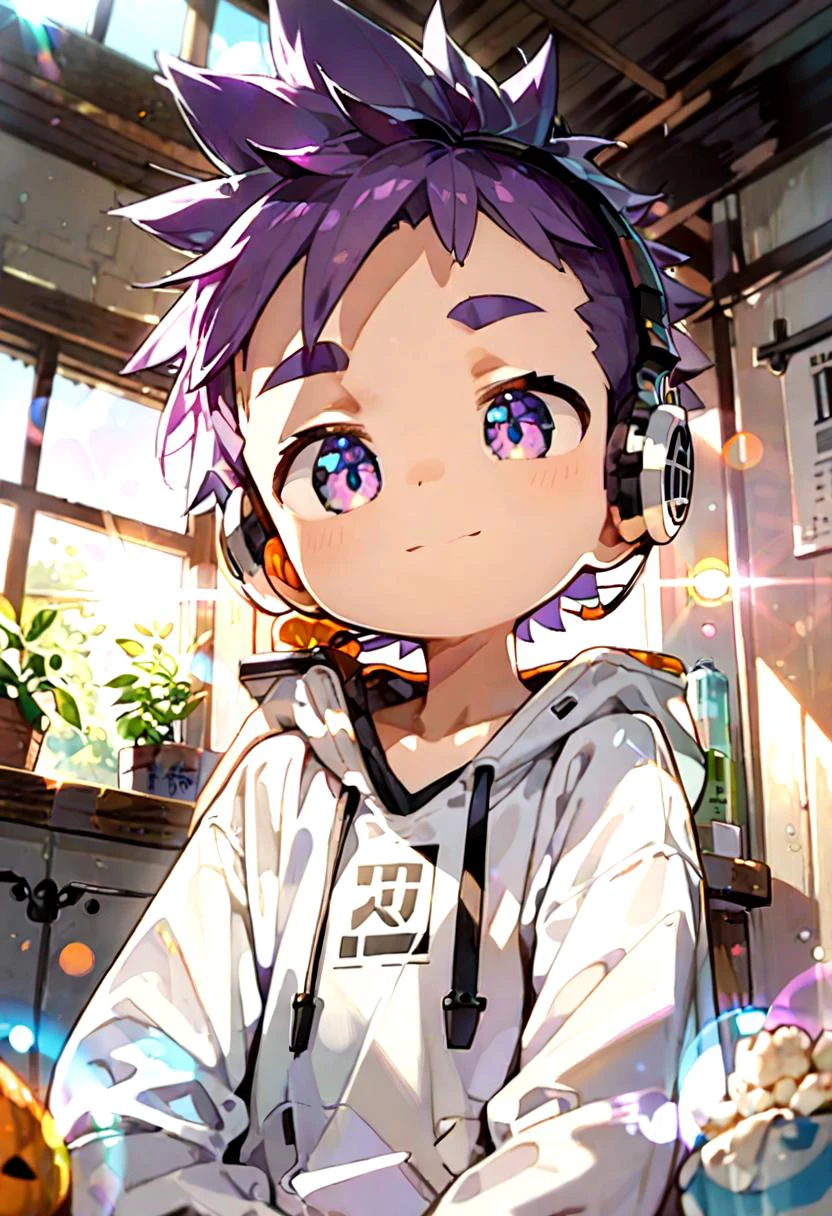 score_9, score_8_up, score_7_up, detailed eyes, source_cartoon, manga_source, BREAK
petite, young, solo, child, anime style,
<lora:cutifiedanimecharacterdesign_variant_type_H_PonyXL_v10:0.85>
type-h, solo, looking at viewer, smile, short hair, long sleeves, 1boy, purple eyes, purple hair, male focus, indoors, hood, window, hoodie, headphones, from below, sunlight, thick eyebrows, spiked hair, child, lens flare, +_+, white hoodie