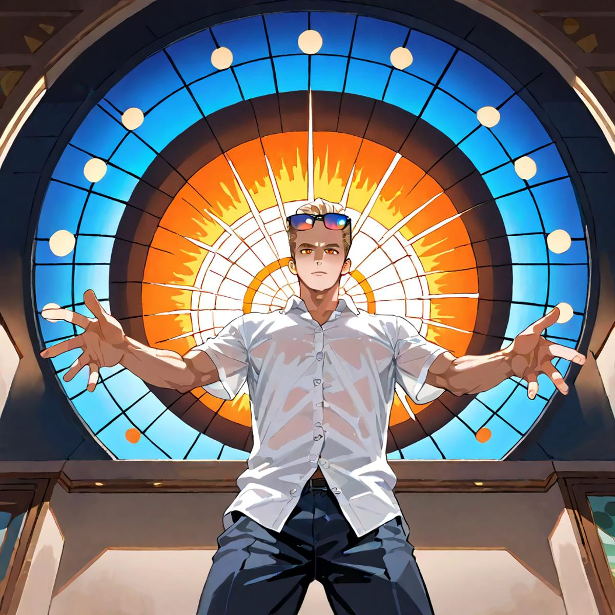 PonyScores7, source_anime, ah1, best quality, (masterpiece:1.4), (high quality:1.4), sharp focus, 4k, absurd resolution, <lora:albertwesker-guy-PONYv1:0.8> albertwesker, albert wesker, 1boy, blonde, (sunglasses:1.3), looking at viewer, toned, athletic, fit, slicked back hair, mature male, short hair, (button-up shirt), (Legs parted, arms stretched,), (a serene bedroom with white linens, light wooden furniture, large windows overlooking a beautiful garden), bad-hands-5, (Glowing), <lora:xl_more_art-full_v1:0.2>, <lora:shinyskin2:0.2> glistening skin, <lora:aesthetic_anime_v1s:0.2>, <lora:Expressive_H:0.2> Expressiveh, <lora:hairdetailpxl:0.2> hairdetailpxl, <lora:detailxl:0.2> detailxl, (Low angle view Extreme Close shot (focus on head)), (focused, intense glare), slit pupils, short hair, (reddish orange eyes), best quality, amazing quality, best aesthetic, absurdres, <lora:expressive eyes:0.2> expressive eyes, <lora:eyedetailpxl:0.2> eyedetailpxl, illustration, Volumetric_Lighting, ultra-detailed, very aesthetic, intricate details, 8k, masterpiece, best_quality, (angular face, sharp_featured face), <lora:Eyes_High_Definition:0.4> EyesHD, <lora:Male_model_poses:0.6>, male model pose,