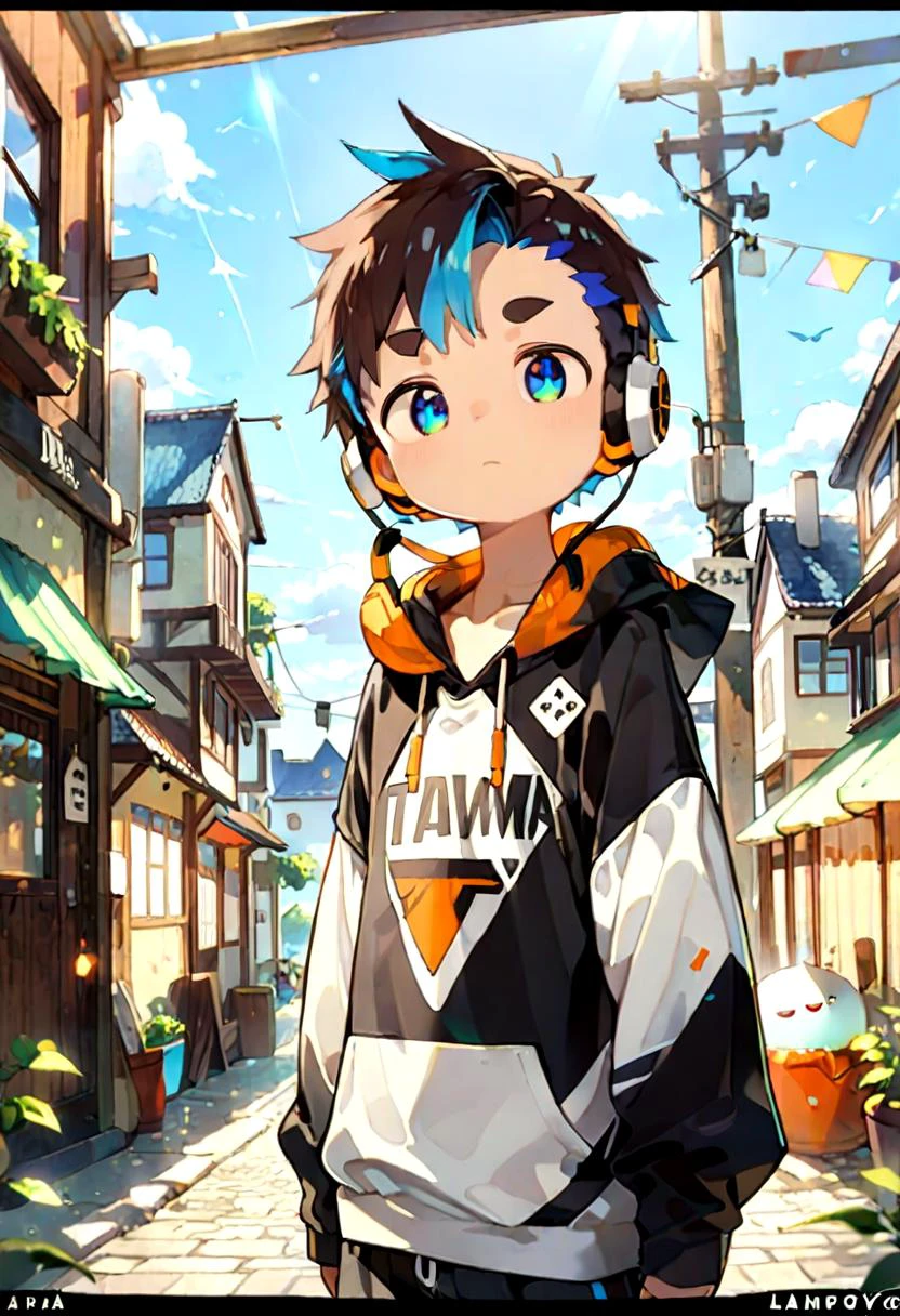 score_9, score_8_up, score_7_up, detailed eyes, source_cartoon, manga_source, BREAK
petite, young, solo, child, anime style,
<lora:cutifiedanimecharacterdesign_variant_type_H_PonyXL_v10:0.85>
type-h, solo, looking at viewer, short hair, blue eyes, brown hair, 1boy, blue hair, male focus, multicolored hair, hood, window, hoodie, headphones, letterboxed, male child, black hoodie, standing, town, outside