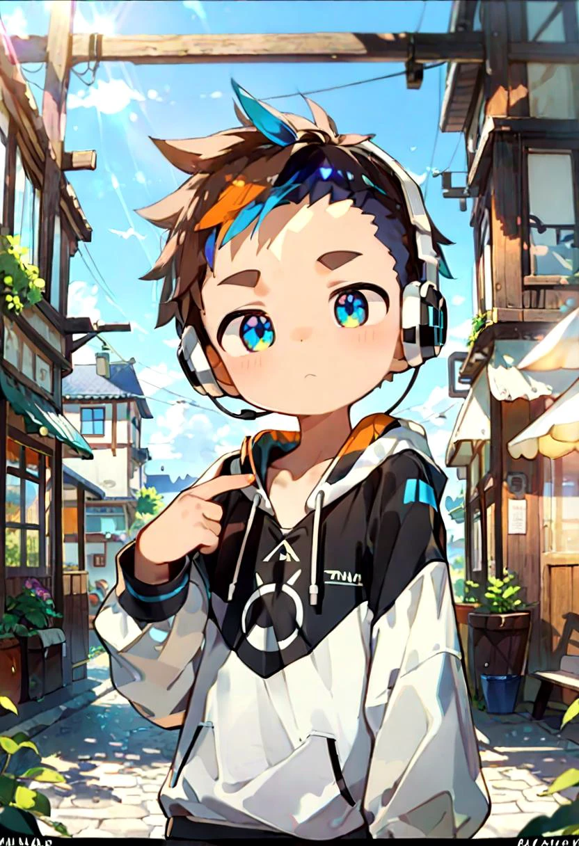 score_9, score_8_up, score_7_up, detailed eyes, source_cartoon, manga_source, BREAK
petite, young, solo, child, anime style,
<lora:cutifiedanimecharacterdesign_variant_type_H_PonyXL_v10:0.85>
type-h, solo, looking at viewer, short hair, blue eyes, brown hair, 1boy, blue hair, male focus, multicolored hair, hood, window, hoodie, headphones, letterboxed, male child, black hoodie, standing, town, outside