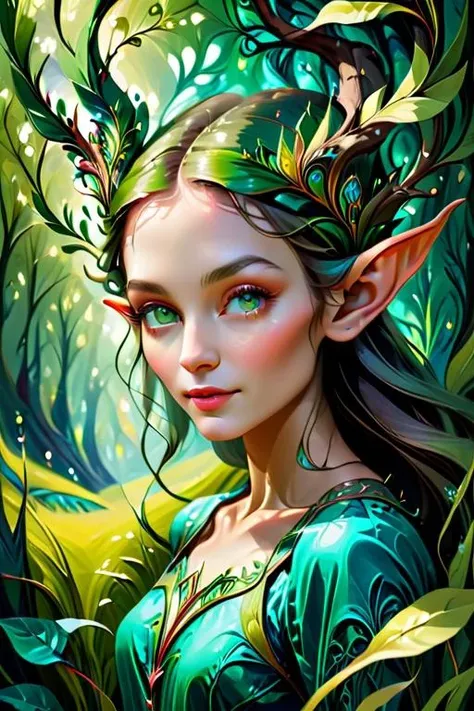 woman with a perfect face in a mythical forest, masterpiece, intricate details, raw photo, photo unp <lora:ElvenGrass:1.0> ethereal fantasy concept art of abstract fractal, splashes, abstract fractal art, elven grass