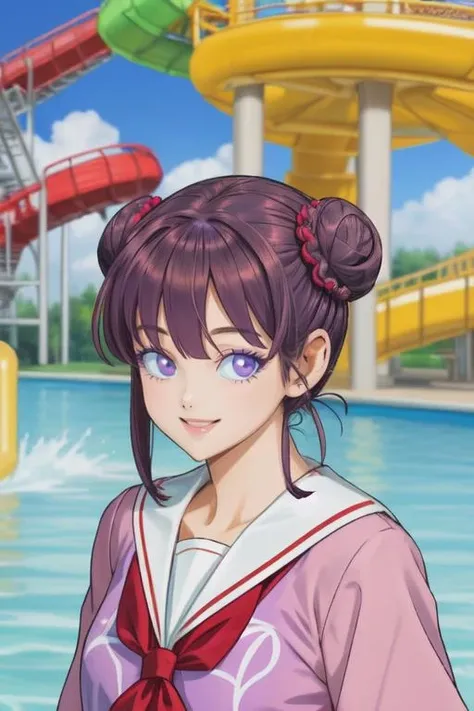 masterpiece, best quality, 1 girl, purple hair, double bun, purple eyes, sailor uniform, smiling, looking at viewer, detailed background, outside background, waterpark