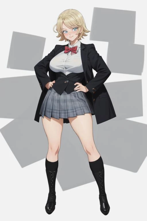 (mature female:1.3), masterpiece, best quality, anime screencap, (highres, absurdres:1.2), 1girl, solo, skirt, blue eyes, shirt, black footwear, full body, looking at viewer, large breasts, curvy, simple background, plaid skirt, jacket, smile, black jacket, plaid, white shirt, multicolored hair, pleated skirt, hand on hip, long sleeves, socks, boots, standing, (white background:1.3), blush, school uniform, bow, bangs, open clothes, blue hair, collared shirt, blonde hair, short hair, two-tone hair, blue socks, bowtie, open jacket, colored inner hair, cross-laced footwear, grey skirt, striped, virtual youtuber, closed mouth