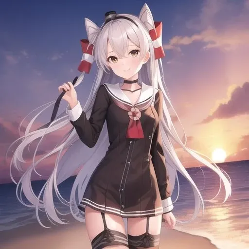 (masterpiece, best quality:1.2),illustration,8k,hd,beautiful purple sunset at beach,1girl,solo,cowboy shot,long_hair,two_side_up,sailor_dress,dress,smile,grey_hair,brown_eyes,striped,garter_straps,short_dress,zettai_ryouiki,choker,striped_thighhighs,very_long_hair,red_thighhighs,<lora:Amatsukaze(kan)>,