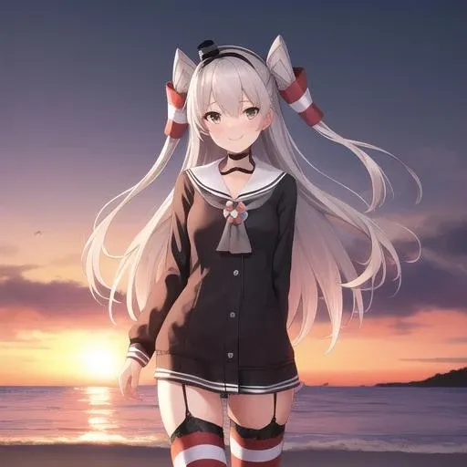 (masterpiece, best quality:1.2),illustration,8k,Ultra-clear,beautiful purple sunset at beach,1 girl,alone,cowboy shooting,long_hair,two_side_up,brown_No long-sleeved sailor suit_skirt,skirt,Smile,grey_hair,brown的_Eye,striped,garter_Shoulder strap,short_skirt,absolute_Good memories,collar,striped_stockings,Very_long_hair,Red_Raise your legs high,black_Gloves,Red_shoe,Lying on your stomach_on water,Pout_ass