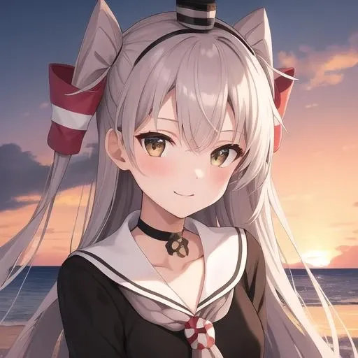(masterpiece, best quality:1.2),illustration,8k,hd,beautiful purple sunset at beach,1girl,solo,upper body,(portrait:1.2),long_hair,two_side_up,sailor_dress,dress,smile,grey_hair,brown_eyes,striped,garter_straps,short_dress,zettai_ryouiki,choker,striped_thighhighs,very_long_hair,red_thighhighs,<lora:Amatsukaze(kan)>,