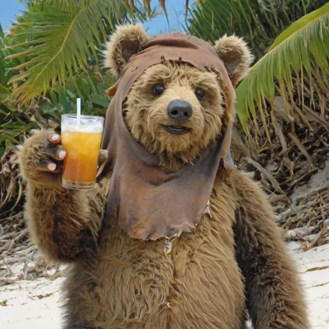 ewks on the beach with a drank, hairy bear, tropical beach,
<lora:Murderbears_In_Space_SDXL:1>