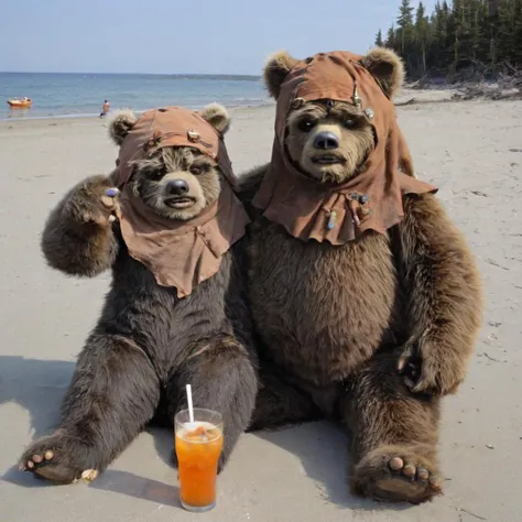 female ewk on the beach with a drank, hairy bear,
 <lora:Murderbears_In_Space_SDXL:1>