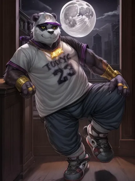 alp, male focus, 1boy, solo, yellow sclera, purple eyes, single braid, five fingers, detailed hands, necklace, shirt, short sleeves, hat, jewelry, ring, shoes, sneakers, socks, (pose:1.3), (posing:1.3), crossed arms, night, full moon, brown fur, panda ears, cityscape, by wolfy-nail, by Michael & Inessa Garmash, Ruan Jia, by drmax, 4k <lora:alp-09:1>
