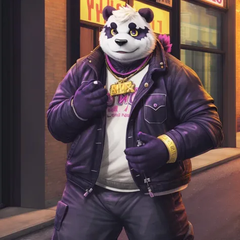 alp, panda, male focus, muscular male, solo, yellow sclera, purple eyes detailed fur, five fingers, detailed hands, jacket, loose pants, pose, street, by wolfy-nail, by dimwitdog, Ruan Jia, by drmax, realistic, photorealistic, 3d, 4k <lora:alp-09:1>