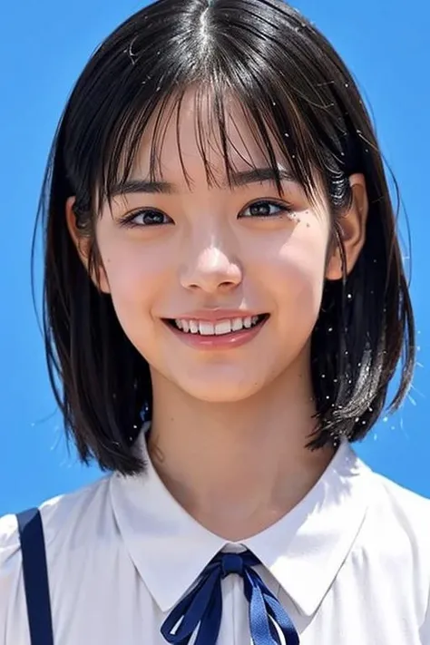 (best quality,masterpiece:1.2),1girl,1girl,solo,fair skin,half length,8k,ultra high res,ultra detailed,best quality,looking at viewer,perfect lighting,flat light,ultra high quality,ultra high res,masterpiece,photorealistic,detailed face,perfect anatomy,grin,((deep blue background)),simple background,white shirt,ribbon trim,((16yo girl)),((flat chest)),<lora:toumaami_v01-000009:0.9>,bob cut,medium hair,black hair,bangs,(((wind lift))),(water droplets around),bust shot,wind from front,walking,