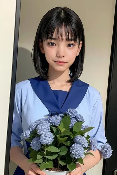 (best quality,masterpiece:1.2),1girl,solo,fair skin,half length,8k,ultra high res,ultra detailed,best quality,looking at viewer,perfect lighting,flat light,ultra high quality,ultra high res,masterpiece,photorealistic,detailed face,perfect anatomy,bangs,<lora:toumaami_v01-000009:0.9>,bob cut,medium hair,black hair,vivid coloer,((blue shirt dress)),serafuku,sailor collar,scarf,japanese student,japanese school uniform,plants on background,simple background,((outdoors)),