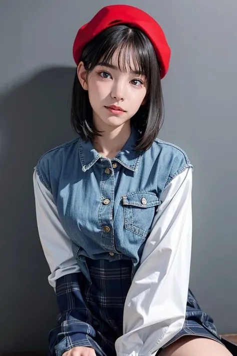 (best quality,masterpiece:1.2),1girl,solo,fair skin,half length,8k,ultra high res,ultra detailed,best quality,looking at viewer,perfect lighting,flat light,ultra high quality,ultra high res,masterpiece,photorealistic,detailed face,perfect anatomy,bangs,<lora:toumaami_v01-000009:0.9>,bob cut,medium hair,black hair,((blue shirt dress)),simple background,plaid skirt,red beret,denim jacket,t-shirt,sitting,