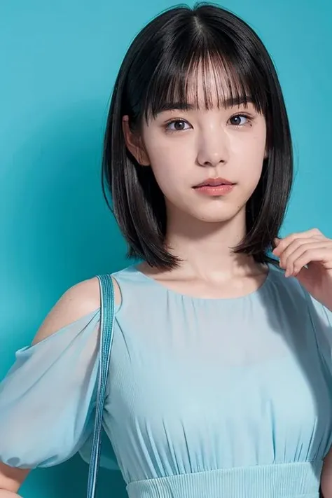 (best quality,masterpiece:1.2),1girl,1girl,solo,fair skin,half length,8k,ultra high res,ultra detailed,best quality,looking at viewer,perfect lighting,flat light,ultra high quality,ultra high res,masterpiece,photorealistic,detailed face,perfect anatomy,bangs,((cyan background)),simple background,((15yo girl)),<lora:toumaami_v01-000009:0.9>,bob cut,medium hair,black hair,portrait,vivid coloer,((blue shirt dress)),