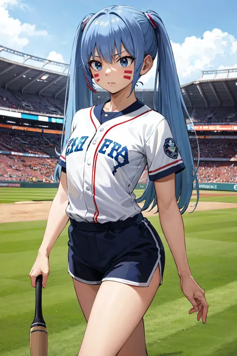 masterpiece, best quality, highres, aamio, blue hair, long hair, twintails, facial mark, small breasts <lora:hermit_mio_v1:0.7>, baseball uniform, shorts, stadium, standing