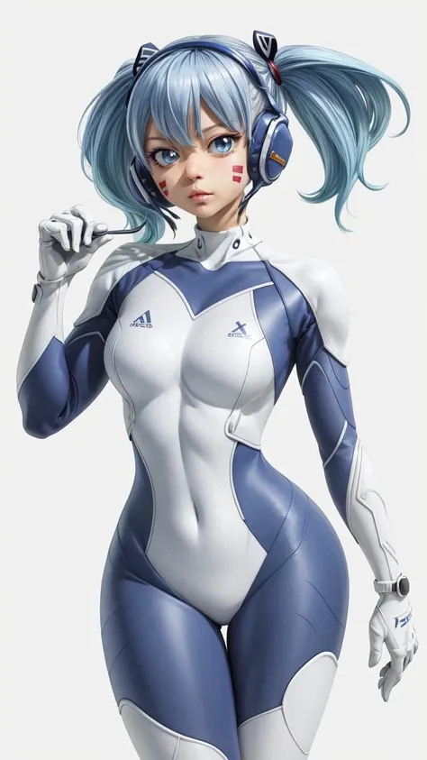 <lora:GoodHands-vanilla:1>, (masterpiece, 4k,  best quality:1.2, ((cowboy shot)), best quality:1.2, NICE HANDS, COLORFUL, (perfect hands, perfect anatomy)), 
aamio, long hair, twintails, facial mark, headphones, white bodysuit, skin tight, gloves, ((MEDIUM BREASTS, BIG HIPS, LOOKING AT THE VIEWER)),  ((full BODYSuit)), 
, ((simple background, white background)),  <lora:GoodHands-vanilla:1>