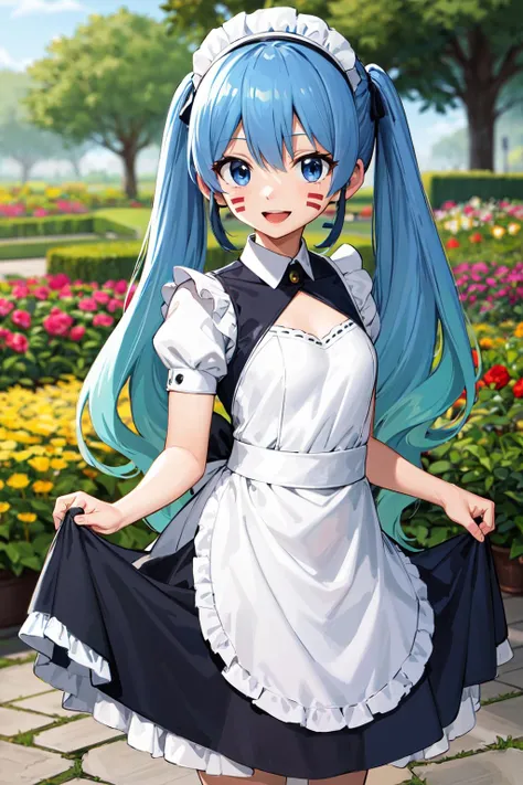 masterpiece, best quality, highres, aamio, blue hair, long hair, twintails, facial mark, small breasts <lora:hermit_mio_v1:0.7>, maid, maid headdress, garden, skirt hold, smile, open mouth,